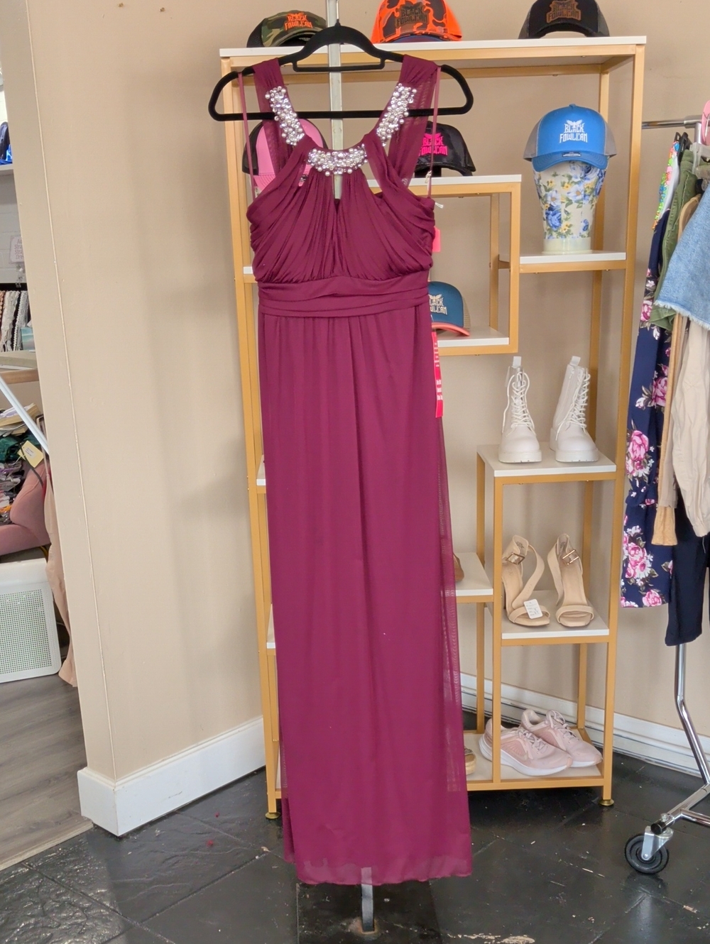 City Triangles Burgundy Sleeveless Dress with Beaded Neckline